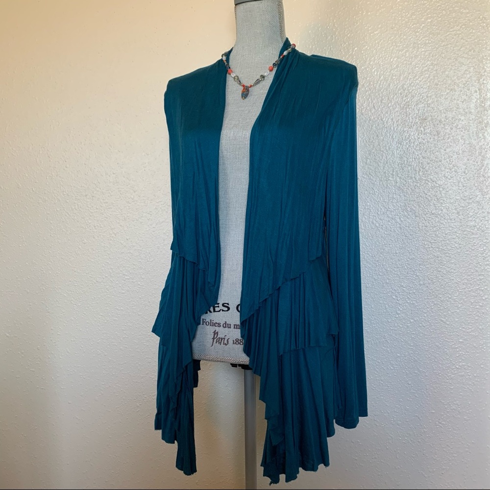 Long Sleeve Tiered Peplum Open Front Top Teal